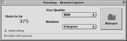 Starting RemoteCapture Shooting window Shots to Go Displays the number of frames that can be saved on your computer or on the CF card in the camera.