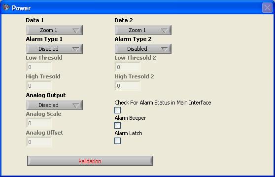 Alarm Window (Toolbar-Configuration-Alarm) This window is used for the Alarm control. Alarm monitor data can be set using the zoom menus whilst activation can be set using the threshold data boxes.