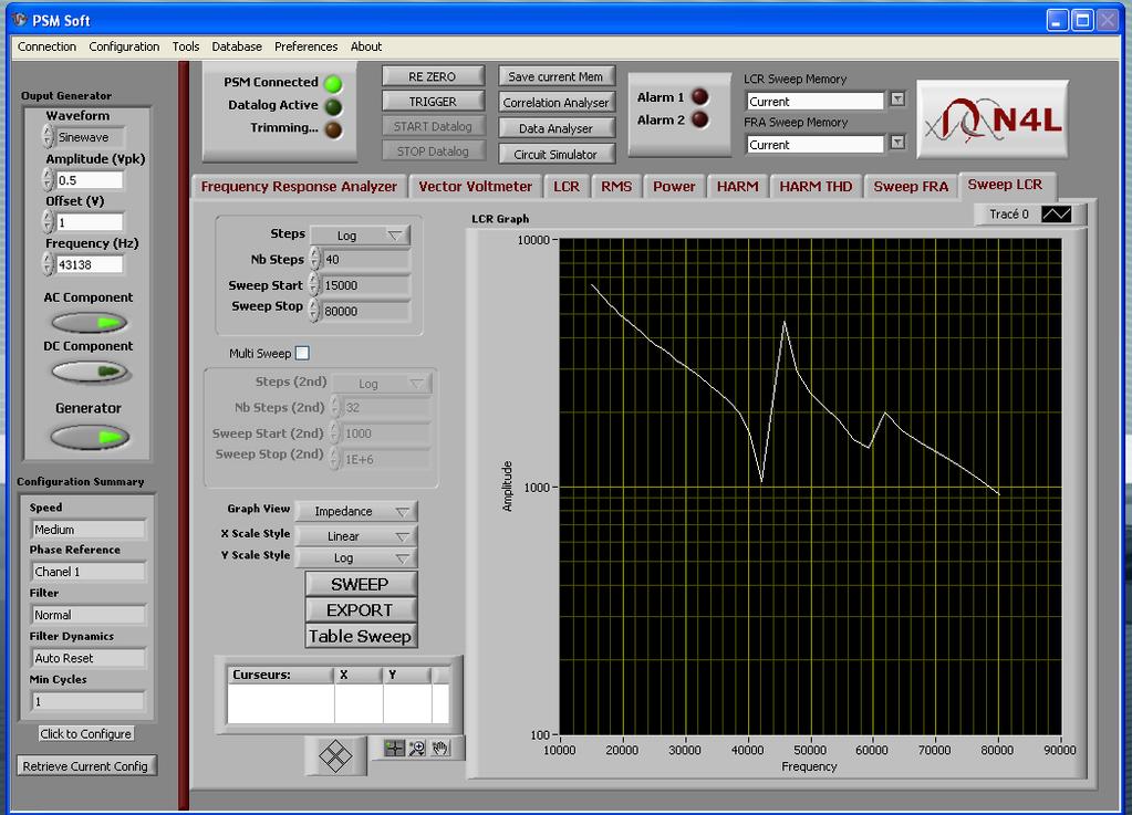 Sweep LCR Mode Using the Sweep LCR tab allows circuit or component impedance measurements to be plotted over a wide frequency band. Normally, this mode is used with the IAI or Active Head fixtures.
