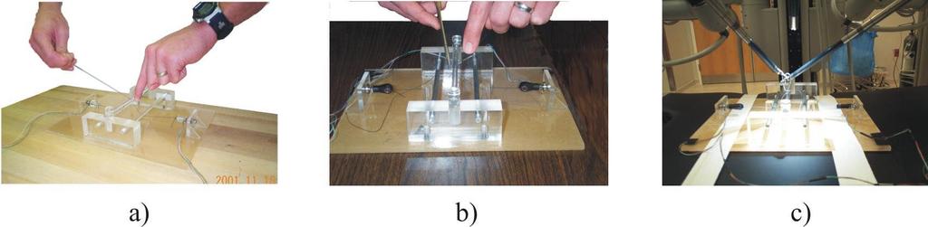 Figure 19. A tension measurement device is used to measure the forces applied to sutures, a) by hand, b) by instrument, and c) using the robot.