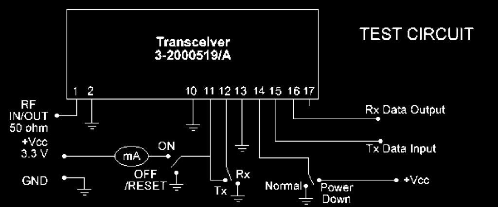 T E S T C I R C U I T : The module enters a test mode every time a transition from high to low of the test mode pin ( pin 13 ) is seen. Other pins are reassigned as per the above figure.