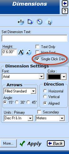 d) Using the Single Click Dim setting, click on the walls (lines) to dimension. e) Click on Wall 1 and place the dimension.