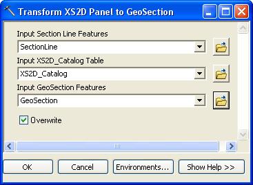 9. Select OK to run the tool. Figure 25 Settings for the XS2D_CrossSection To GeoSection tool We will use ArcScene to visualize the 3D GeoSections just created. 10.