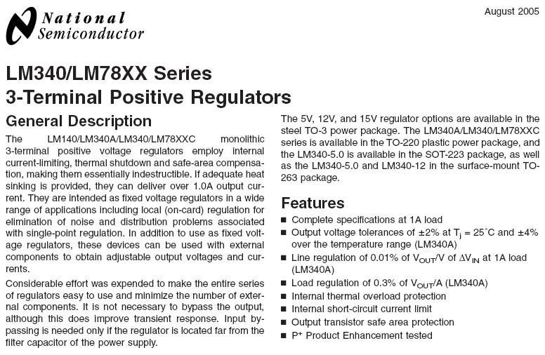 78XX Voltage Regulator +5V, +12V, +15V -5V, -12V, -15V Reprinted with