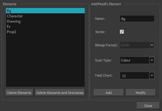 Chapter 6: Windows Intro... Element Manager Window The Element Manager window lets you add, delete or modify elements (drawing folders) in your scene.