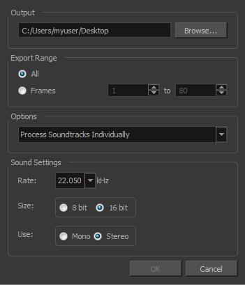 Parameter Output Export Range Options All Frames Process Soundtracks Individually Merge All Soundtracks Sound Settings Rate Size Use Lets you specify the location in which the file will be exported.