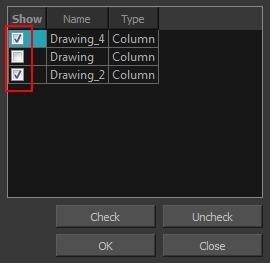 In the Xsheet view, do one of the following: Click the thick grey line that represents a hidden column. Right-click on the column header and select Show Hidden Columns. Press Alt + Shift + H.