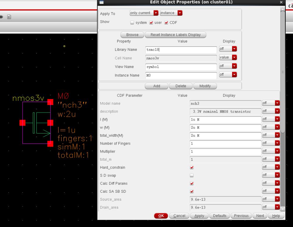 2. Under Category select Mosfet Mosfet_4T nmos3v Symbol, after selecting symbol an outline of the device will appear on the schematic. Left click to place in the schematic 3.