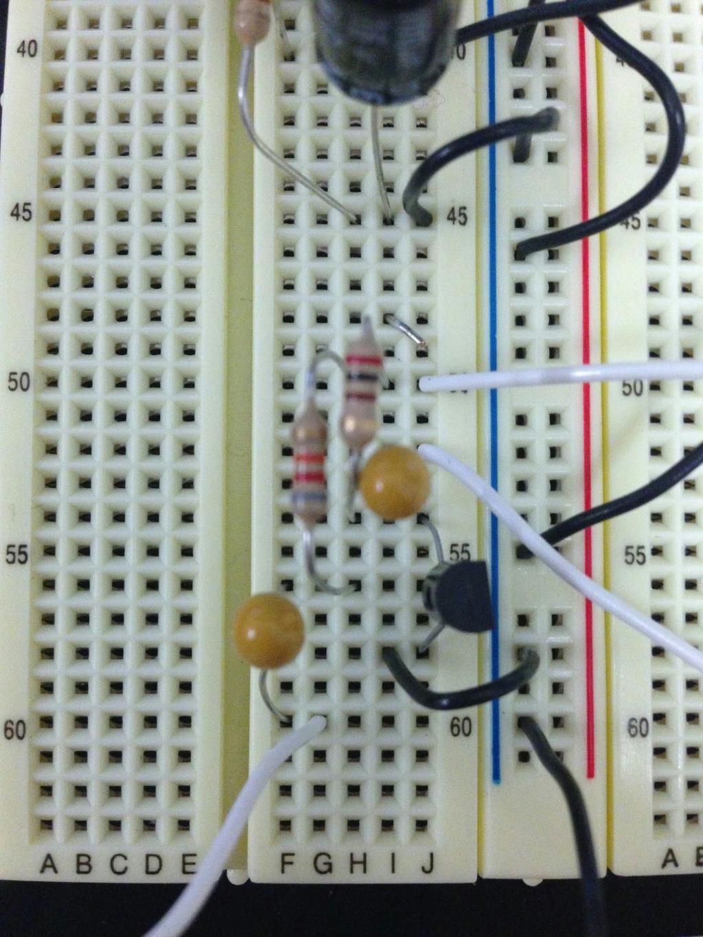 Figure 6: Transistor amplification circuit I (breadboard) Calculate the DC operating point on the output characteristic plot ( and ) based on I c V CE your design, and compare it to the actual one