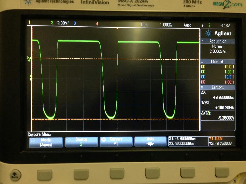 Figure 9: Output with Vpp = 1 V Sinusoidal Input of 280 khz (the top cursor is at 0V) From Figures 8 and 9, we see that there is more distortion and clipping for an input sinusoid of a larger