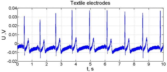 Two supply electrodes introduces a pulse signal from arbitrary generator and other two electrodes (traditional or textiles) read this signal in certain place on phantom.