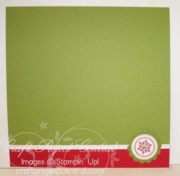 Instructions: Using SNAIL Adhesive, adhere the 1-1/4 x 8-1/2 strips of Real Red card stock to the Old Olive pages as shown.