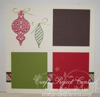 Step 12. Pages 10 and 11 Materials: (2) 8-1/2 x 8-1/2 pieces of Real Red textured card stock, (2) 1 x 8-1/2 strips of Old Olive card stock, (1) Clear rhinestone brad, Stampin Dimensionals.