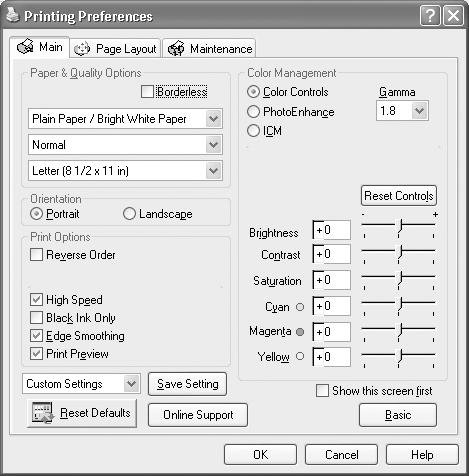 Customizing Windows Print Settings You can use advanced settings for color matching, printing at a higher resolution, or selecting a variety of special effects and layouts. 1.