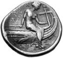 the same nymph seated on the stern of a warship on the reverse. Classical Numismatic Group Mail Bid Sale 66, Lot 381.