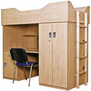 The bed features: Two door robe Cupboard Desk Bookshelf Mattress box Optional hardwood ladder 1860 (H) x 1920 (W) x 960mm (D)