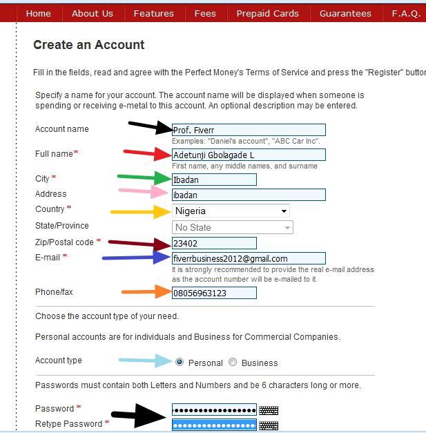 After clicking on sign up, you will land on the page as shown below and you will need to fill the form as shown in the example below. Black arrow shows where to put your account name.