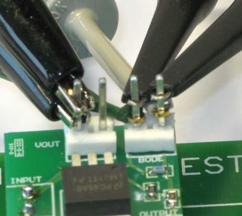 Two oscilloscope probes are connected to the same connectors as the injection transformer. The picture below shows the connection points on the test board.