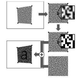 bilinear interpolation. Second, the square image is downsampled to an image with a resolution matching the common-key image and simultaneously binarized.