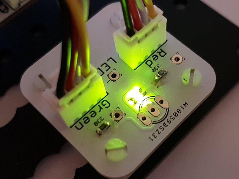 Because both LEDs are in the same component, if we turn on the green and red LEDs at the same time, it will look orange.