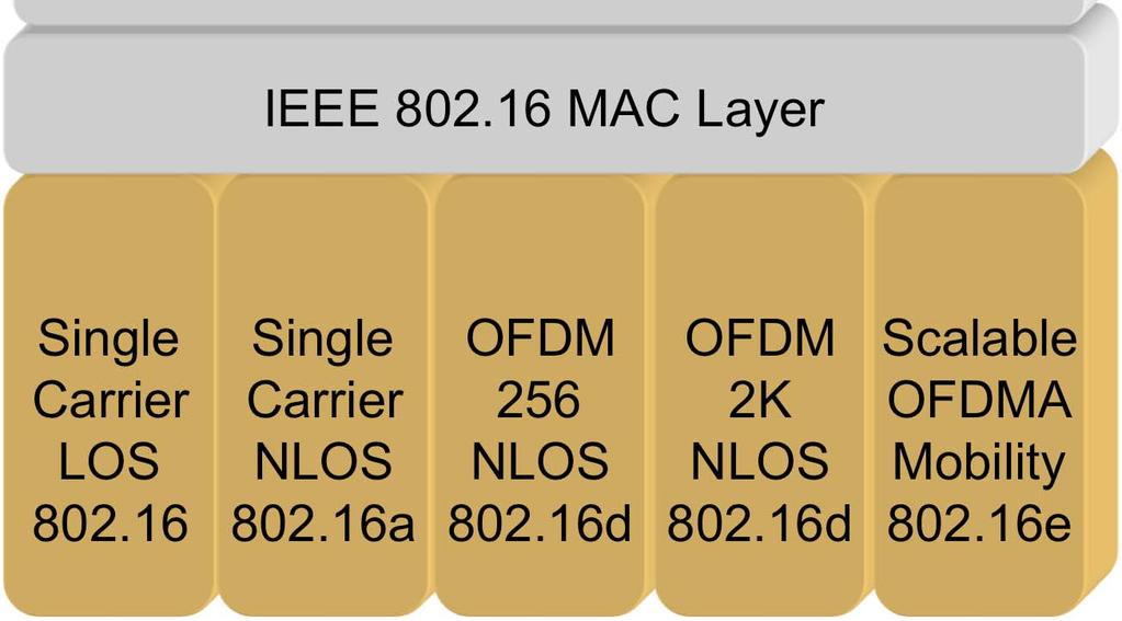 IEEE 802.16 Protocol Layer Structure IP Layer IEEE 802.16 MAC Layer Single Carrier LOS 802.16 Single Carrier NLOS 802.