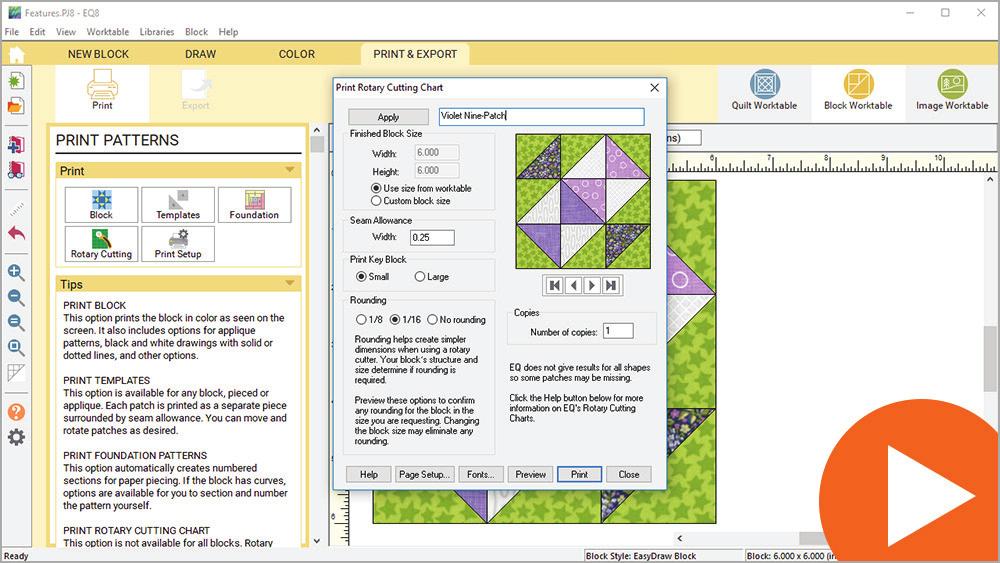 The print dialog now includes the option to calculate actual sizes, without rounding, to aid in selection of block size and final accuracy of the pattern.
