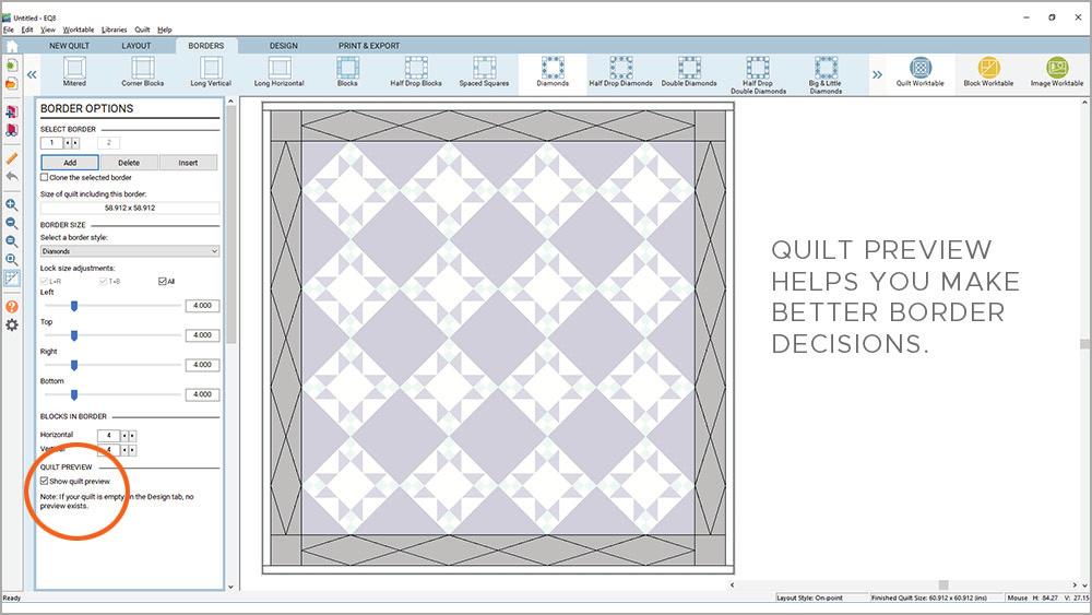 Previewing your completed quilt center while adding borders helps with alignment and style choices.