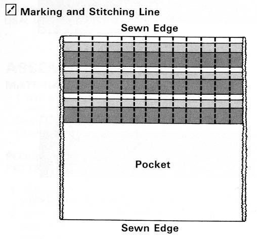 Transfer pattern onto Handle. Color as in step 8. Remove basting stitches. Fig. 15 4. Referring to photo for placement, align ribbon strips on marked lines on Pocket. Pin to secure.