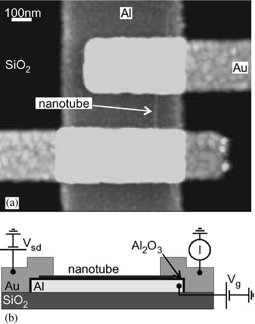 A. Bachtold et al. / Physica E 16 (23) 42 46 43 Fig. 1. Device layout. (a) Height image of a single-nanotube transistor, as acquired by an atomic force microscope.