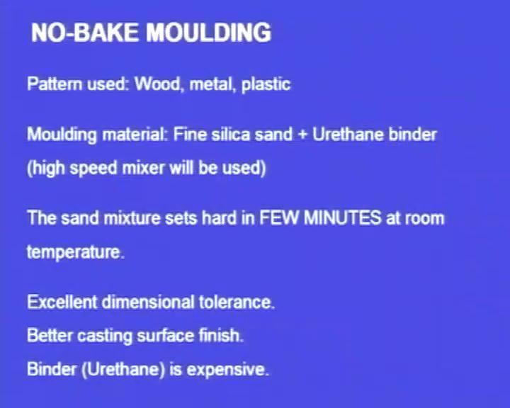 (Refer Slide Time: 18:16) Next process is the no-bake molding. So, to overcome the problems of the green sand molding, people have developed the sodium silicate molding process.