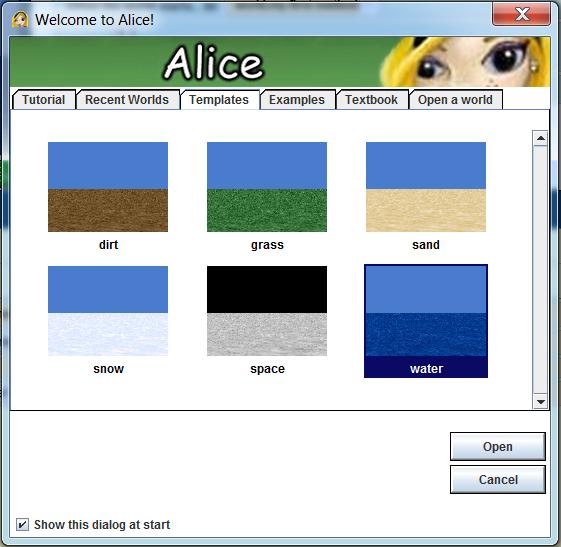 Our first step is to choose a background. When you open Alice, a box will pop up that has six different choices of background.