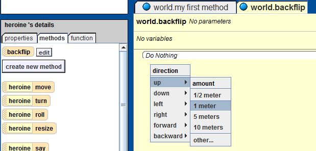 Backflip Method Drag heroine move into the method editor Select up, then