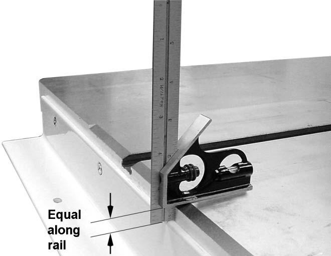 The front rail must be low enough to clear the miter gauge slot, and parallel to the table top: 1. Place an adjustable square on the table as shown in Figure 3. 2.