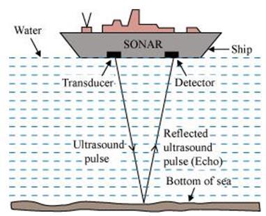 objects such as submarines and ship wrecks with the help of ultrasounds. It is also used to measure the depth of seas and oceans.