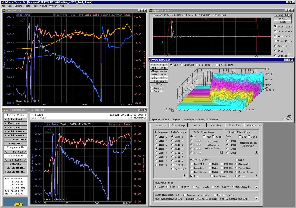 In-Air Acoustic Response MLS, Noise, Impulse and Chirp: Real-Time response Sine and Pulsed Sine: THD, IMD, SINAD, Sweep and collect Reject Room reflections (all RT modes) Cumulative Spectral Decay