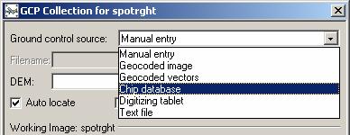 II) Using Chips to Collect GCPs in OrthoEngine In the GCP Collection step in an OrthoEngine project, open the working image and then click on the Collect GCPs Manually or Collect GCPs Automatically