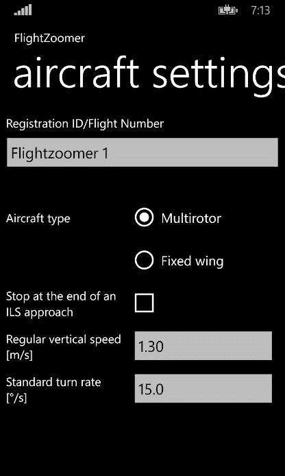 4.5 Aircraft settings 4.5.1 Sensorics-app The aircraft settings can easily be used to tailor the system behavior to match a particular setup or according to personal preferences.
