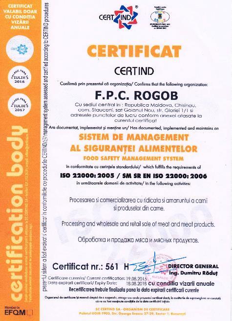 ISO 22000:2005 Sistem de management al siguranţei alimentelor Compania FPC Rogob SRL