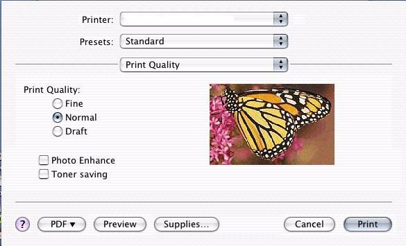 Print Quality Settings Print Quality Fine: high resolution, slower speed: Provides optimum results when printing graphics Normal: medium resolution, medium speed. For routine print jobs.