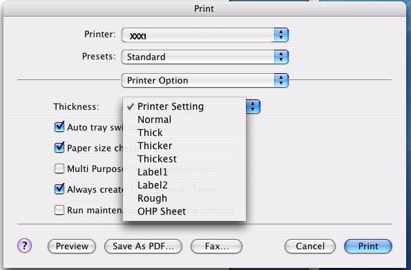 3. Select the desired print media from the Thickness drop-down menu. Normal, Thick, Thicker, Thickest For printing paper of various thicknesses: Normal: 16-19 lb.