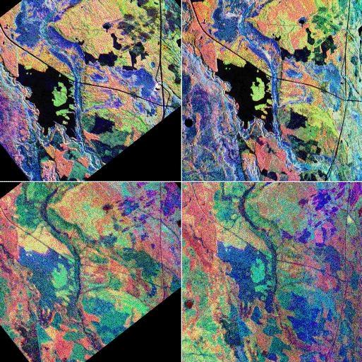 AIRSAR Images (NASA/JPL) August 12, 1993 April 22, 1994 Total Power P, L, C Bands Old Jack Pine Reddish areas are wetter, with alders Clear cut,