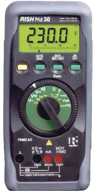 RISH MIT 30 Product Features: RISH MIT 30 is Analog Digital Multimeter with insulation resistance measurement, which measures VAC, VDC, VAC+DC,Frequency, ma DC, ma AC+DC,Resistance, continuity,