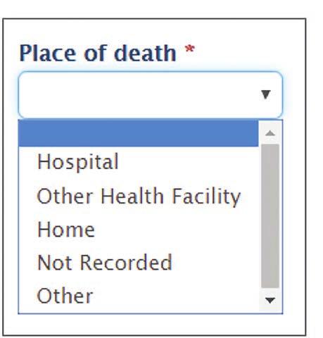 Place of death Use the drop-down menu to select the appropriate place of death (ie hospital or other health facility, home, etc.).