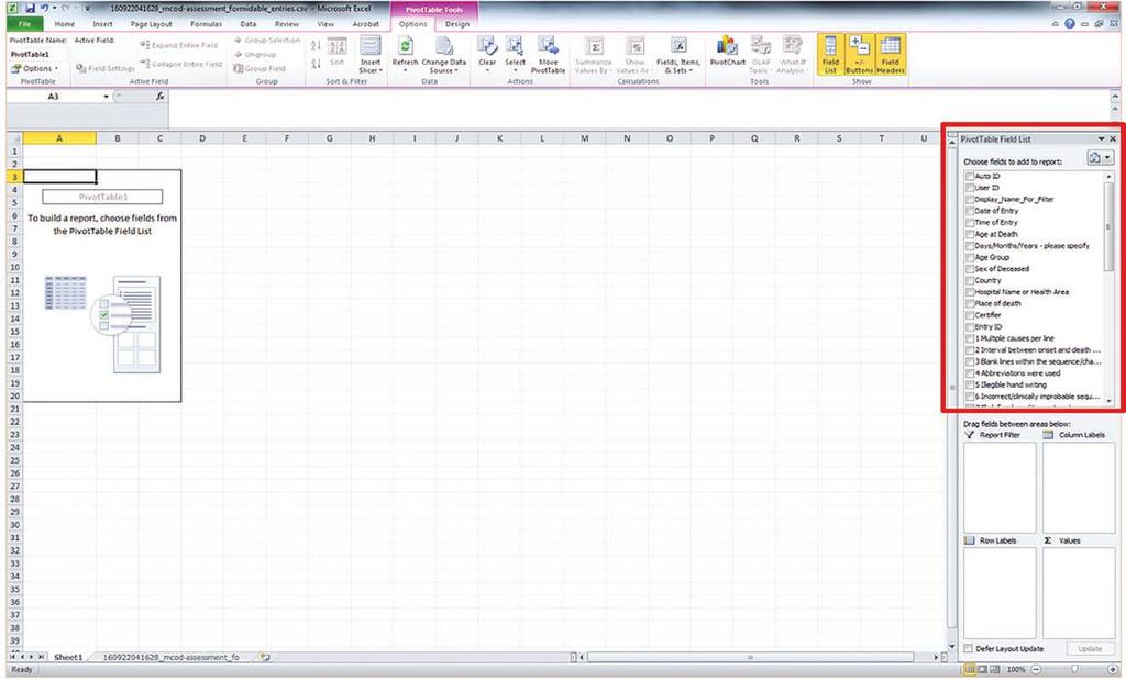 Excel will automatically open a new Worksheet which will look like this: Figure 39: Blank pivot table worksheet Notice that on the right hand side there is a box