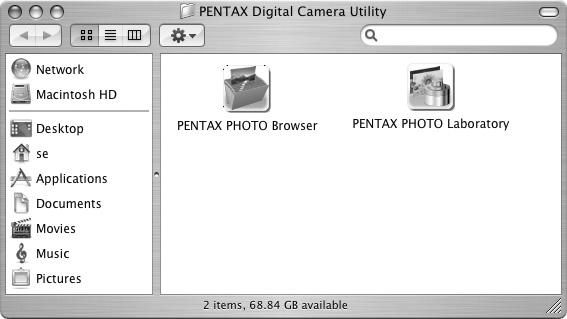 e_kb464_pc_84percent.book Page 71 Monday, September 29, 2008 2:00 PM For Macintosh 71 1 Double-click the [PENTAX Digital Camera Utility] folder in [Applications] on the hard disk.
