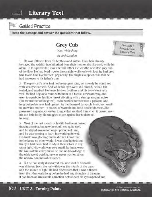 Lesson 1 Literary Text Pages 102 and 103 Guided Practice Title: Grey Cub Genre: Fiction Lexile Measure: 930L Skill Focus: Character, Figurative Language Graphic Organizer: Character Analysis Chart