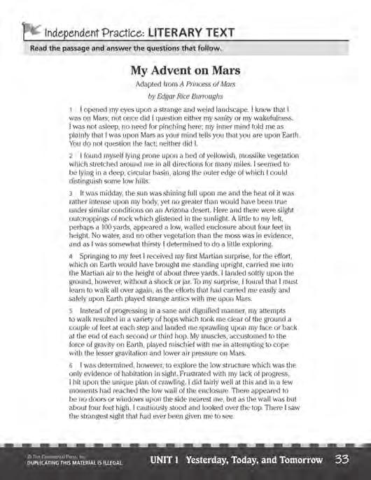 Lesson 1 Literary Text Page 33 Independent Practice Title: My Advent on Mars Genre: Science Fiction Lexile Measure: 1210L Skill Focus: Compare and Contrast, Genre Graphic Organizer: Venn Diagram