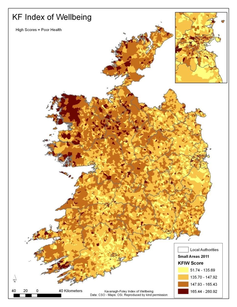 Census 2011 By-products Kavanagh-Foley Index of Wellbeing Uses data from new general health question Score calculated by weighting % answering each of 5 categories Lowest weighting of 1 given to % in