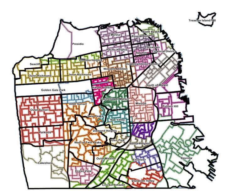 Overlay of the 37 Planning neighborhoods (black lines) & the 26