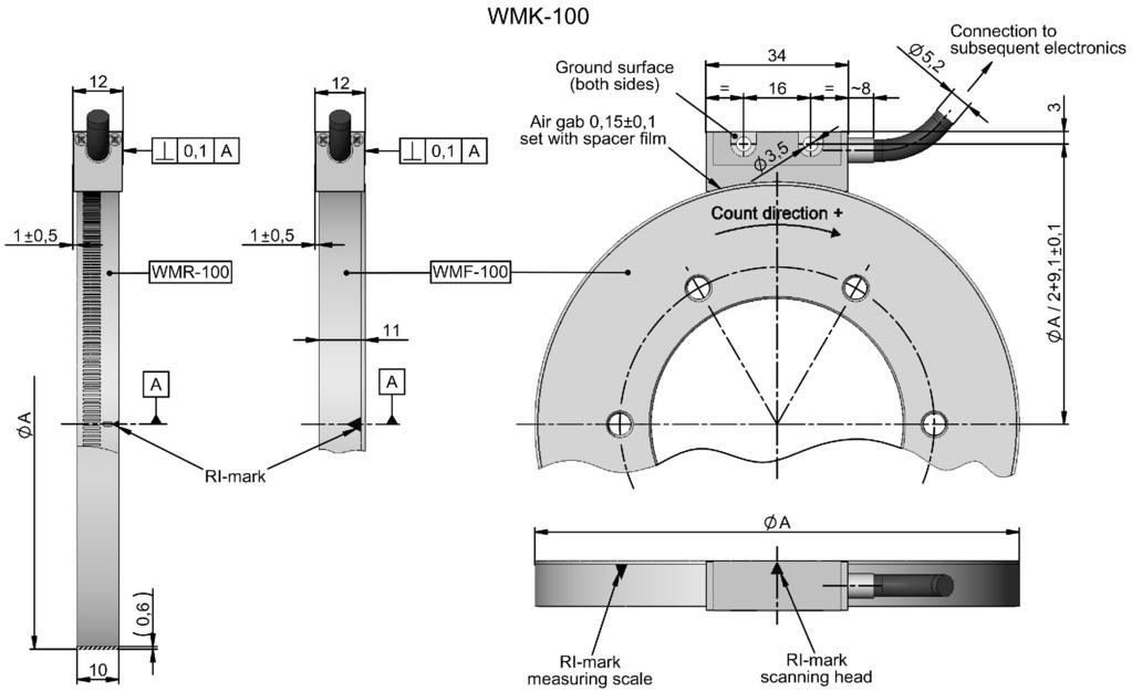 Assembly drawing: WMK-10 Air gap Ordering code: WMK-101. - - - Connector / version 05... 15-pin Sub-D plug 06... 12-pin CONNEI coupling (male) 06... screwed cable gland at the input 6A.